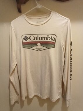 Columbia Cream Long-Sleeve Logo Tee with Multi-Color Stripe